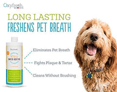 Oxyfresh dental water additive in a dog bowl promoting fresher breath.
