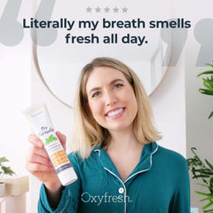 Foam on a toothbrush with Oxyfresh Pro Formula Fresh Mint toothpaste for a refreshing clean