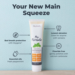 Close-up of Oxyfresh label highlighting fluoride-free mint care