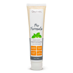 Oxyfresh Pro Formula Fresh Mint toothpaste tube front showing gentle, low-abrasion care for enamel