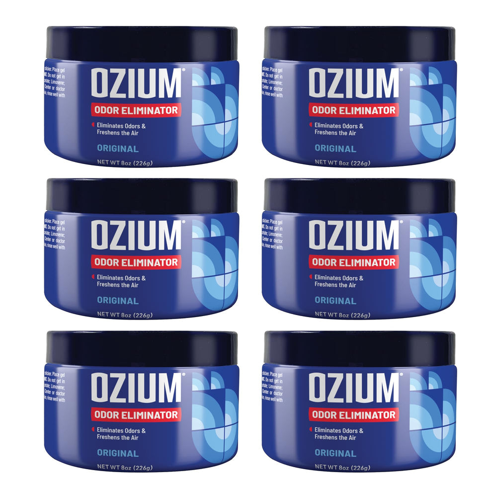 Ozium 8oz odor eliminating gel pack on shelf keeps spaces fresh.