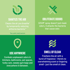 Ozium odor eliminator spray for home spaces with lasting fragrance.
