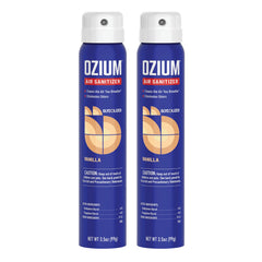 Ozium Vanilla air sanitizer spray bottle refreshes air by removing odors.