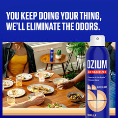 Ozium vanilla odor eliminator packaging highlights three-pack convenience