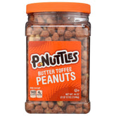 P-Nuttles Butter Toffee Peanuts jar front view shows glossy coating for a tasty snack.