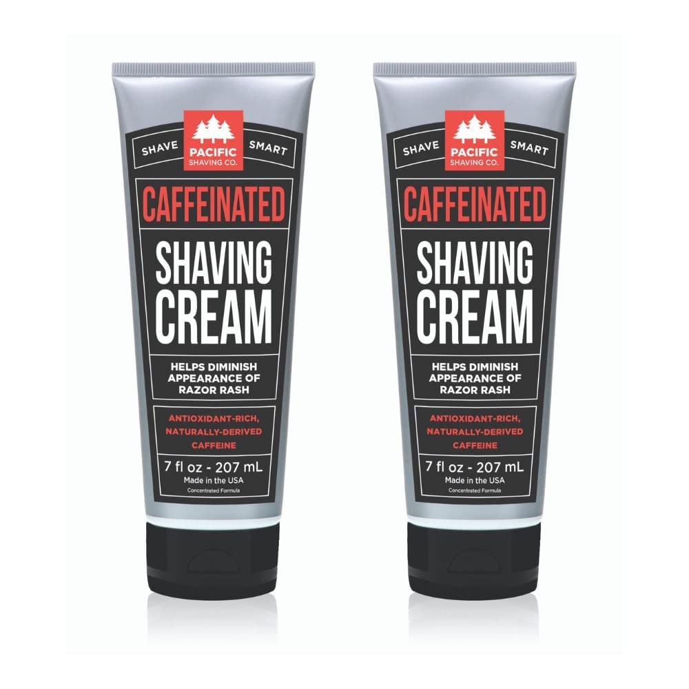 Pacific Shaving Company caffeinated shaving cream jar closeup showing energizing formula.
