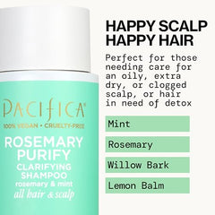 Pacifica Rosemary Purify Shampoo label closeup highlights rosemary and mint infusion.
