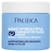Pacifica Wake Up Beautiful overnight retinoid cream jar on nightstand for overnight hydration.