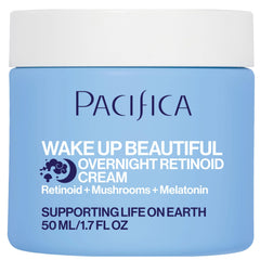 Pacifica Wake Up Beautiful overnight retinoid cream jar on nightstand for overnight hydration.