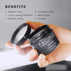 Pacinos Creme Wax Cream jar close-up highlights rich texture for flexible styling.