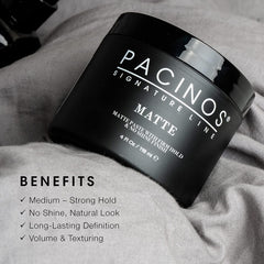Damp hair styled with Pacinos Matte Hair Paste for added volume.