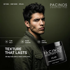 Pacinos Signature Line clay paste palm application for quick, even distribution and firm hold.
