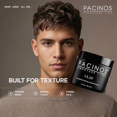 Pacinos Signature Line clay paste texture creation demonstrates grip for volumized, textured styles.