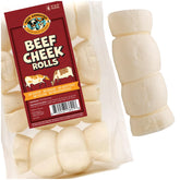Pack Approved beef cheek rolls for dogs in 5-6 inch size, ideal long-lasting chew.