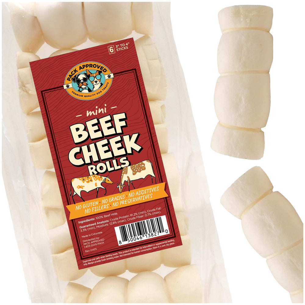 Pack Approved Mini Beef Cheek Rolls packaging shows a clean, single-ingredient dog treat for small to medium dogs.