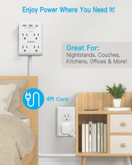 PAEWOK surge protector shows four outlets plus USB-A and USB-C ports for charging.