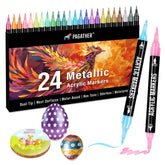 Pagather 24 metallic acrylic markers dual-tip for bold and fine lines on stone, wood, and glass.