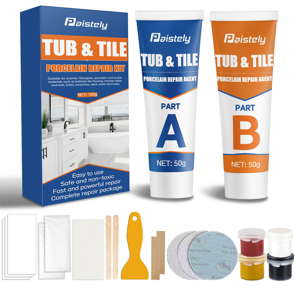 Paistely porcelain repair kit on tub surface delivering a high gloss finish.
