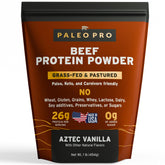 Paleo Pro 26G beef protein powder vanilla bottle pour supports post-workout protein intake.