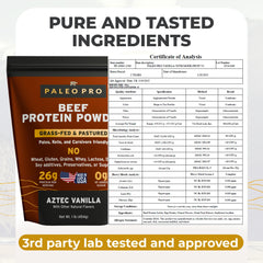 Paleo Pro 26G vanilla scoop in shaker highlights convenient high-protein nutrition.