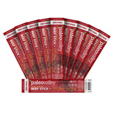 Paleovalley grass-fed beef sticks packaging highlights high-protein on-the-go snack.