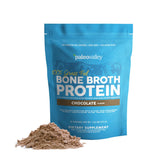 Paleovalley beef bone broth protein powder chocolate front of tub, supports daily protein needs
