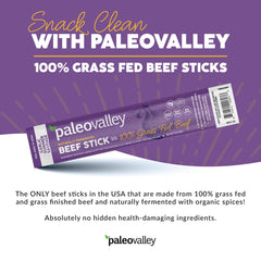 Paleovalley beef sticks in hand, ideal on-the-go paleo snack.