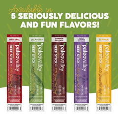 Paleovalley beef sticks on-the-go snack held in hand for quick satisfaction.