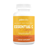 Paleovalley Essential C Complex bottle closeup highlighting natural vitamin C sources for daily immune support.