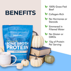 Paleovalley grass-fed beef bone broth powder scoop resting on cup for easy daily protein