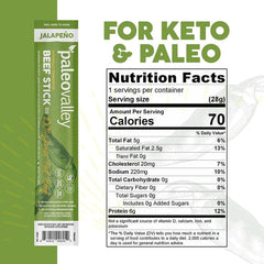 Paleovalley grass-fed beef sticks ingredients view highlighting clean ingredients and no antibiotics.