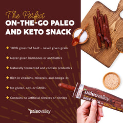 Paleovalley nutrition-rich beef sticks with vitamins and omega-3s.