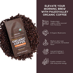 Paleovalley Organic Ground Coffee pour shot shows smooth, full-bodied flavor with polyphenol richness.