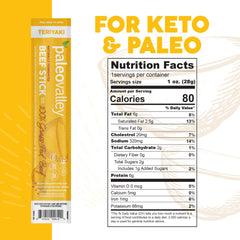 Paleovalley Teriyaki Beef Sticks close-up ingredients highlight texture and quality.