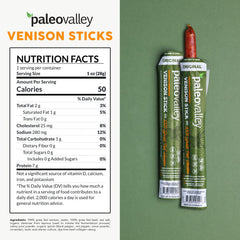 Paleovalley venison sticks ingredient panel close-up showing organic spices.