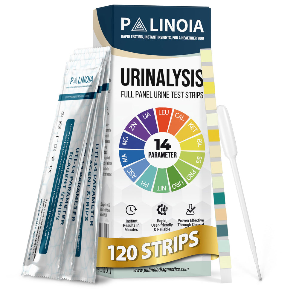 Palinoia 14-in-1 full-panel test strip kit with color chart for home testing.