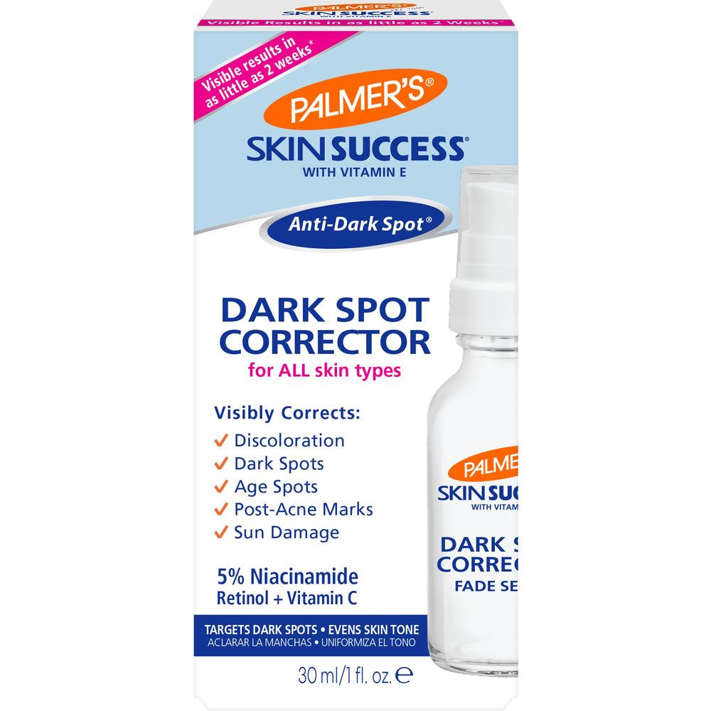 Palmer's Skin Success Dark Spot Corrector bottle on a vanity, focused on targeted fade of discoloration