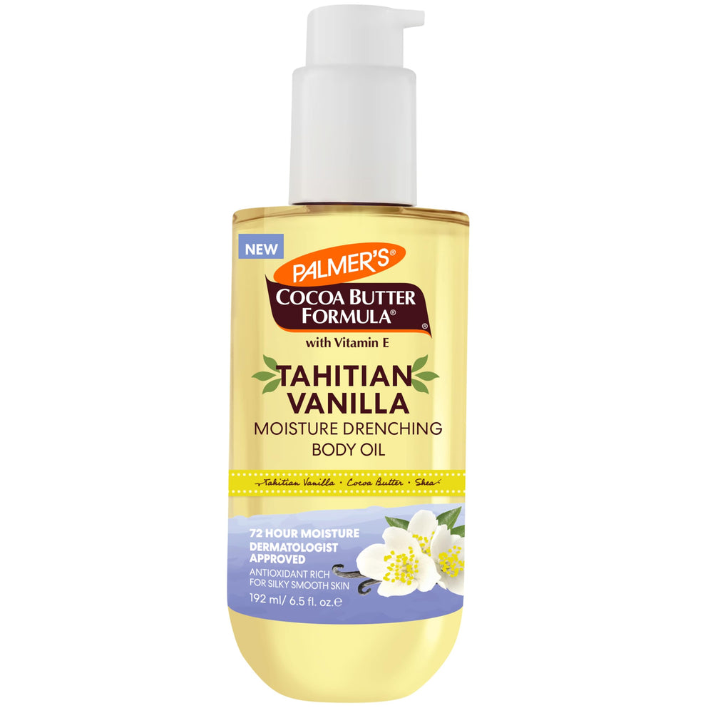Palmer's Cocoa Butter Tahitian Vanilla Body Oil bottle pour for smooth, quick hydration.