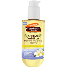 Palmer's Cocoa Butter Tahitian Vanilla Body Oil bottle pour for smooth, quick hydration.