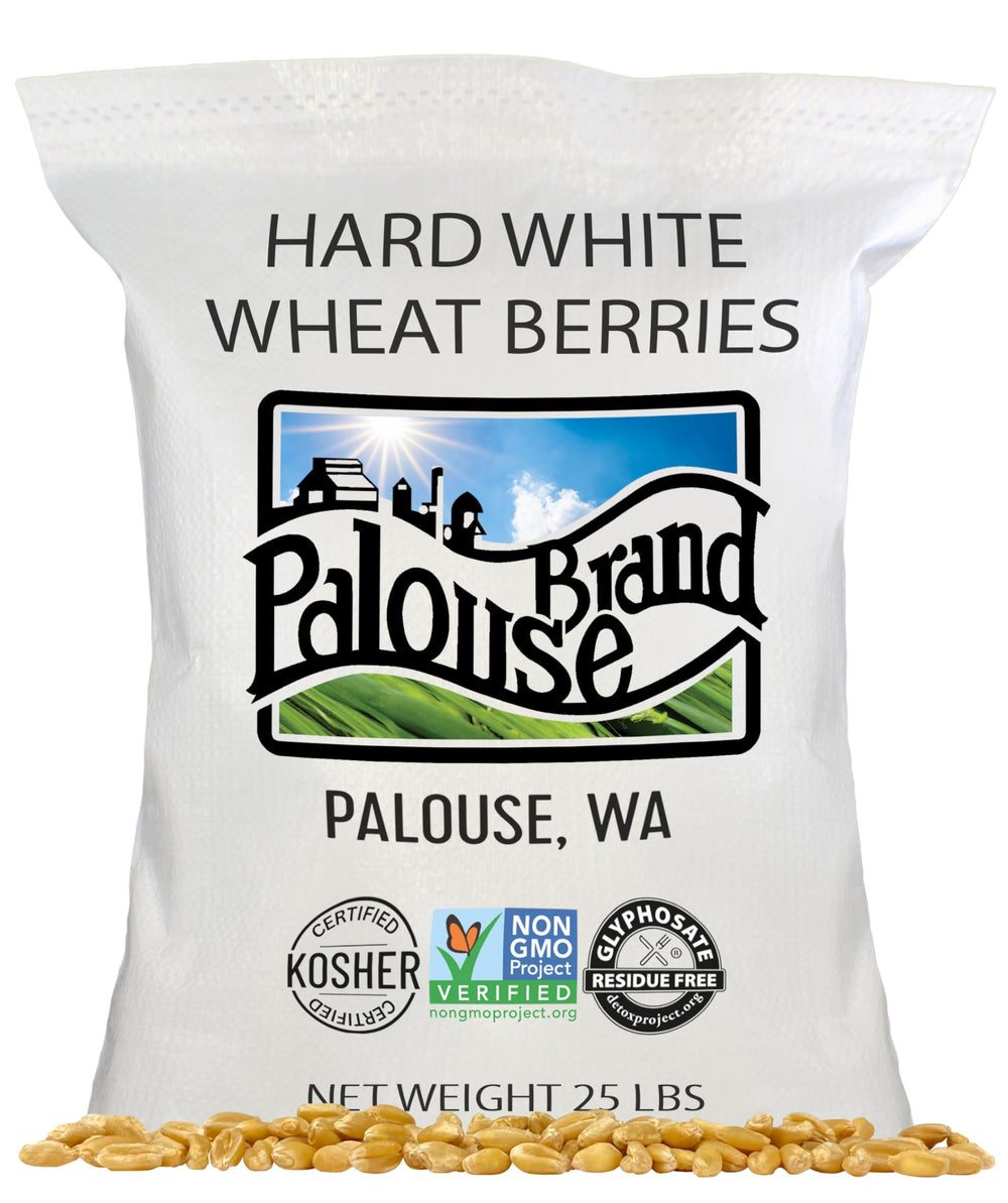 Palouse Brand glyphosate-residue-free wheat berries in a 25-lb bag, great for sprouting.