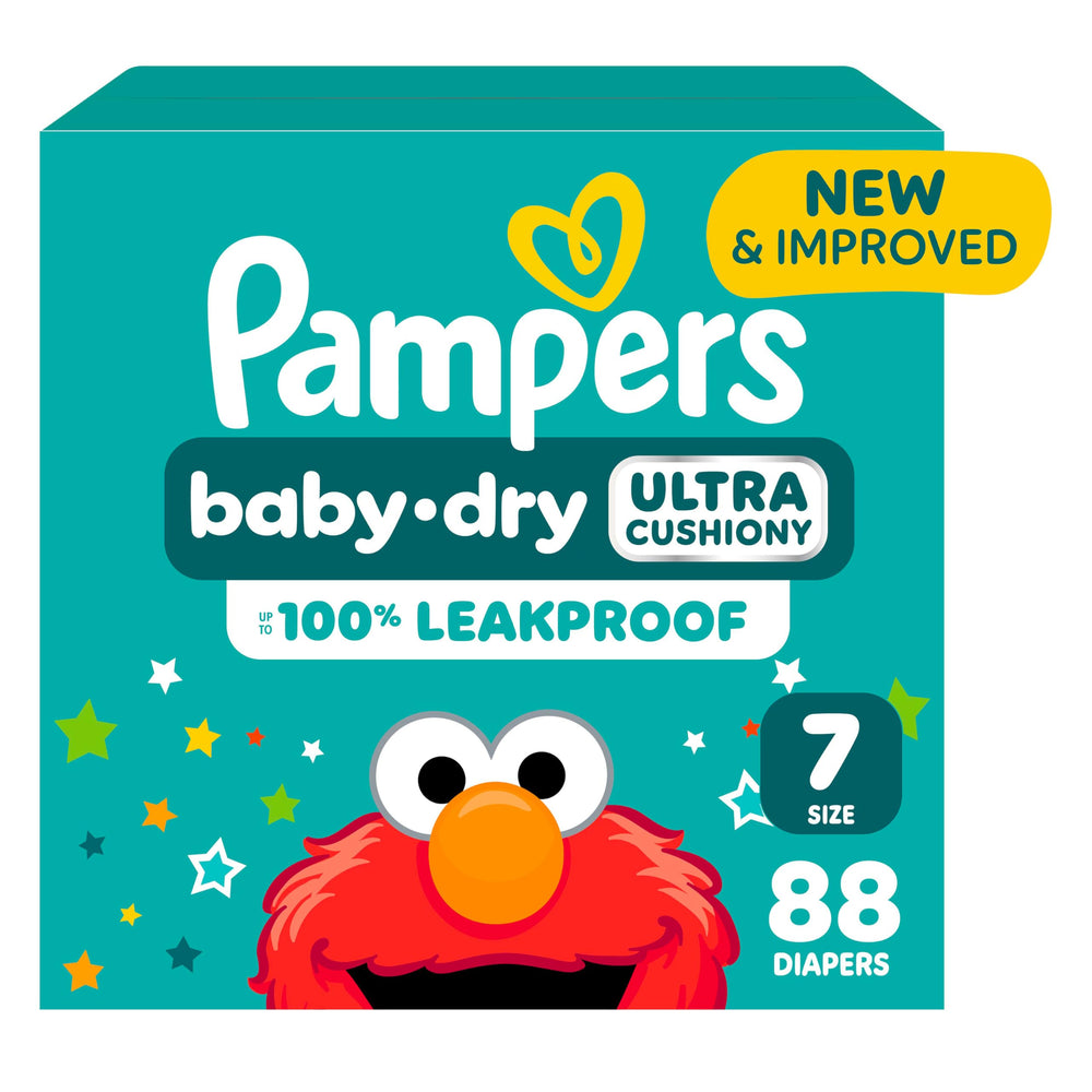 Pampers Baby-Dry packaging showcases reliable all-night protection for infants.