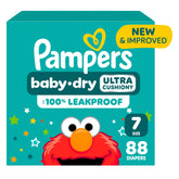 Pampers Baby-Dry packaging showcases reliable all-night protection for infants.