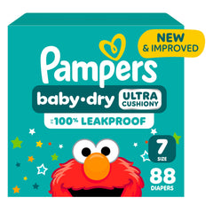 Pampers Baby-Dry packaging showcases reliable all-night protection for infants.
