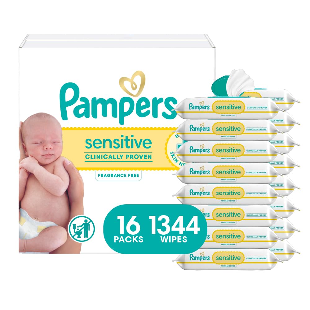 Pampers Sensitive baby wipes with water-based formula for gentle cleansing on delicate skin.