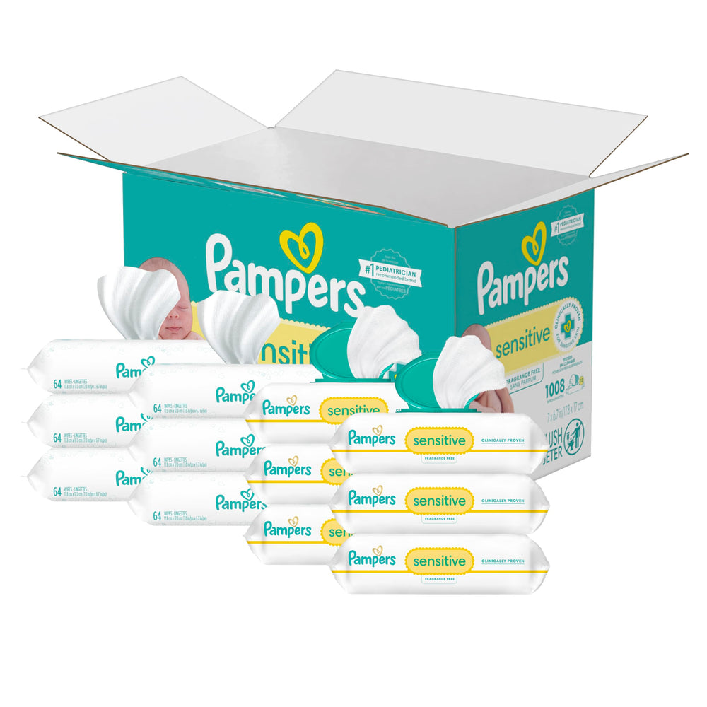 Pampers Sensitive wipes with water-based formula, gentle on delicate baby skin.