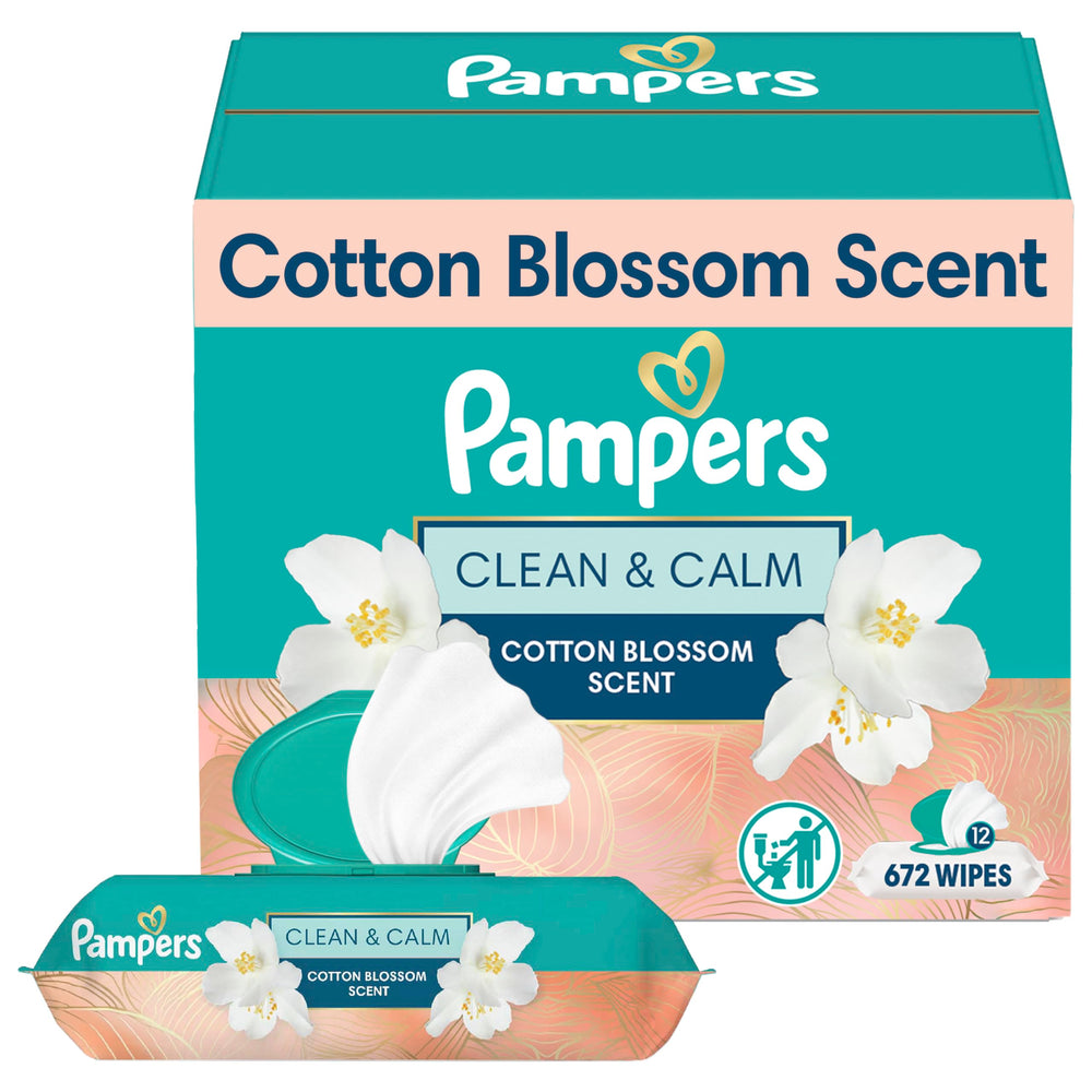 Pampers Clean & Calm Cotton Blossom 12-pack display for easy on-the-go cleaning