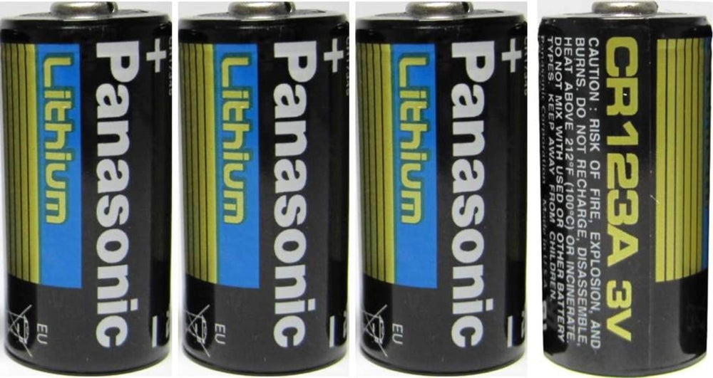 Panasonic CR123A battery pack image showing four 3V lithium cells, ideal for security cameras.