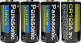 Panasonic CR123A battery pack image showing four 3V lithium cells, ideal for security cameras.