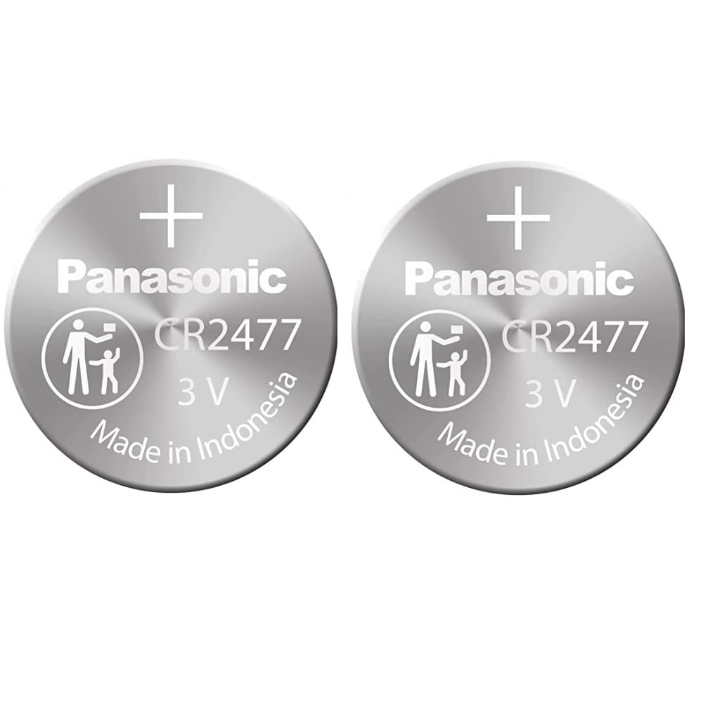 Panasonic CR2477 3V lithium battery front view, ideal for compact devices.