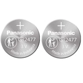 Panasonic CR2477 3V lithium battery front view, ideal for compact devices.